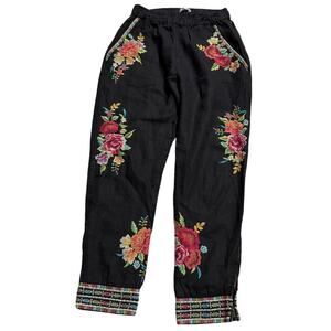 Johnny Was JW Los Angeles Linen Embroidered Pants Floral Womens Size Small Black